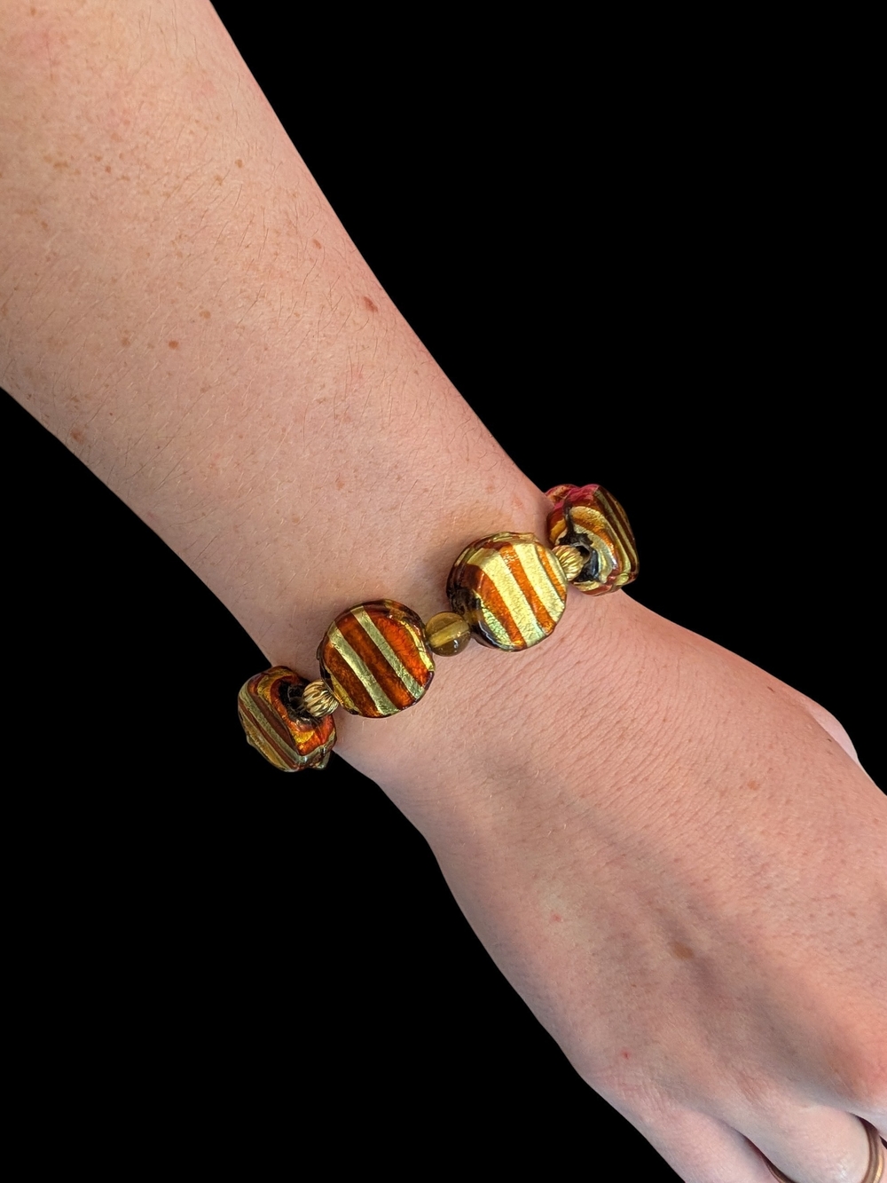 Hand Crafted Foil Glass Murano Gold and Orange Bead Bracelet